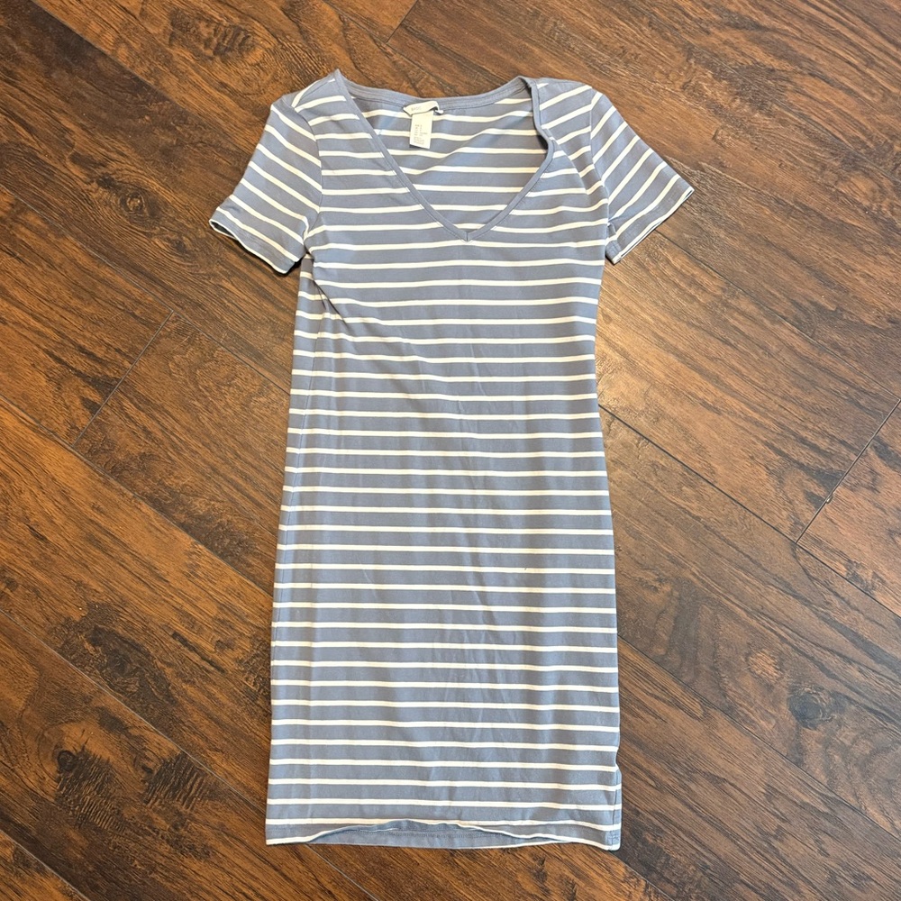 Striped Gray and White V-Neck Dress